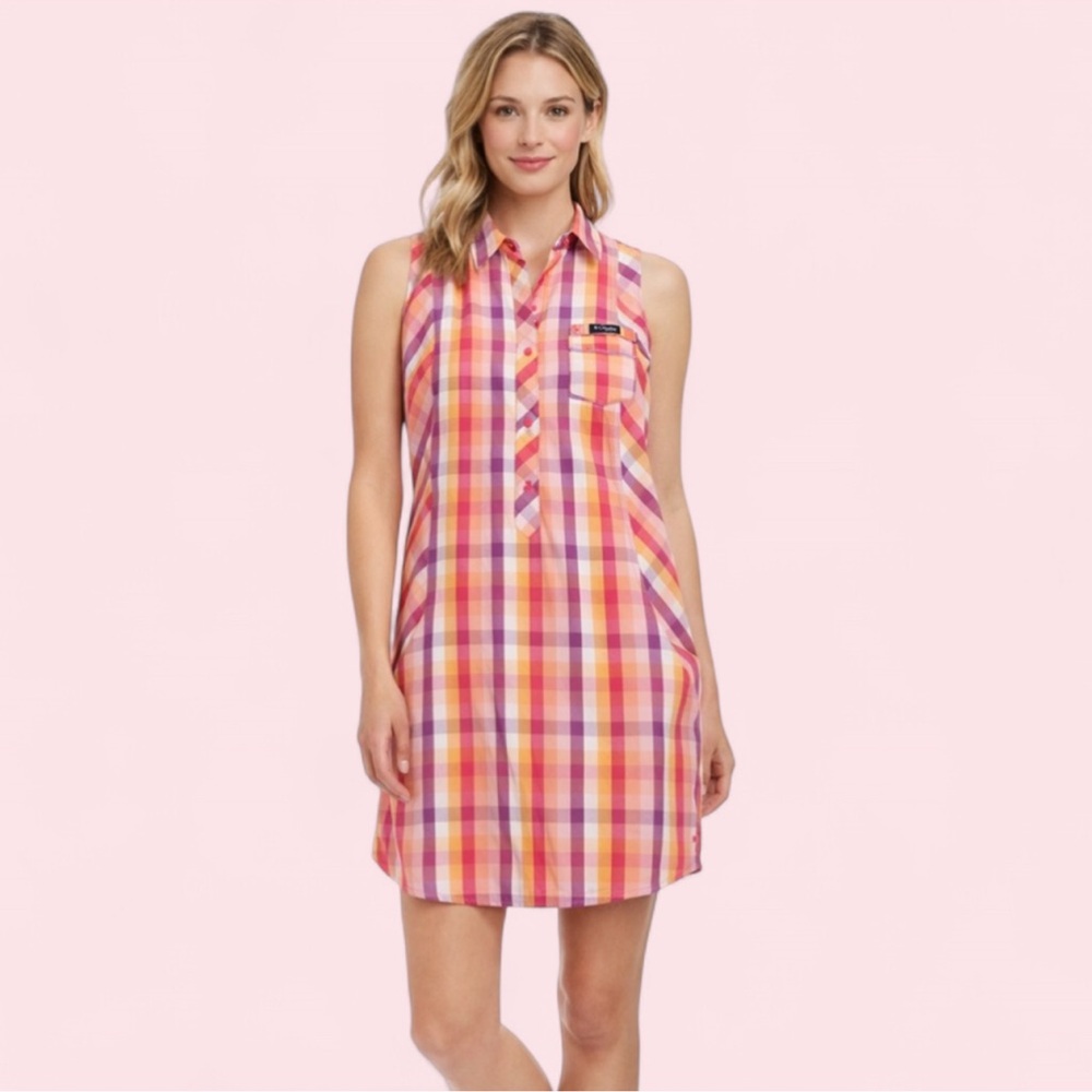 VTG Columbia Super Bonehead PFG Plaid Sleeveless Shift Dress Medium 100% Cotton - Picture 2 of 12